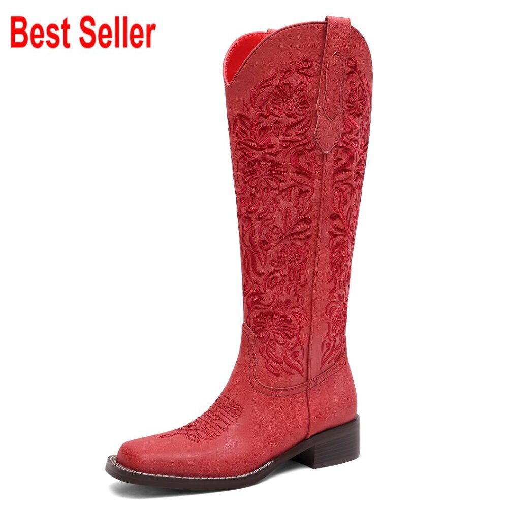 Knee High Embroidered Cowboy Boots Square Toe Low Heel Pull On Western